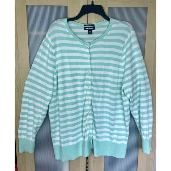 Lands End Women’s Striped Cardigan Sz XXL Green/White Casual Preppy Top Sweater - Picture 2 of 5